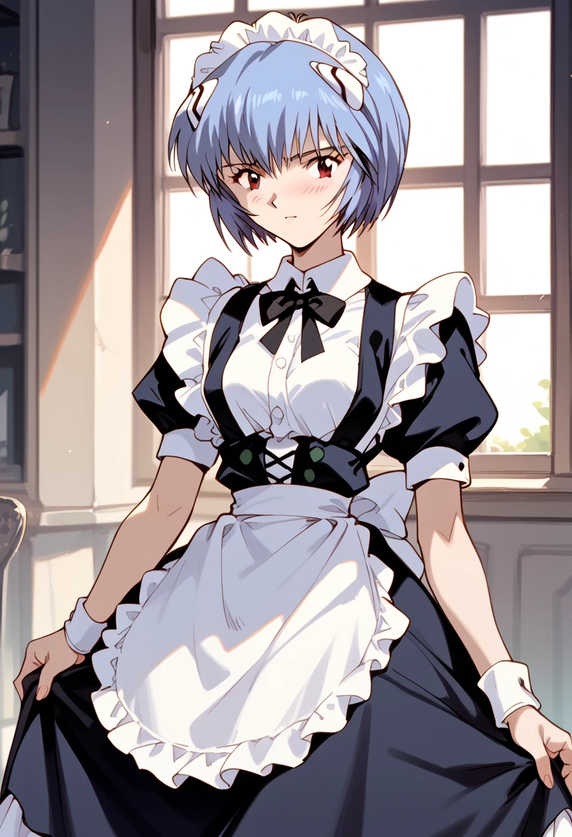 masterpiece, high definition , top quality,8k
(Rei Ayanami,young) Embarrassing 
( black maid clothes,White brim)
