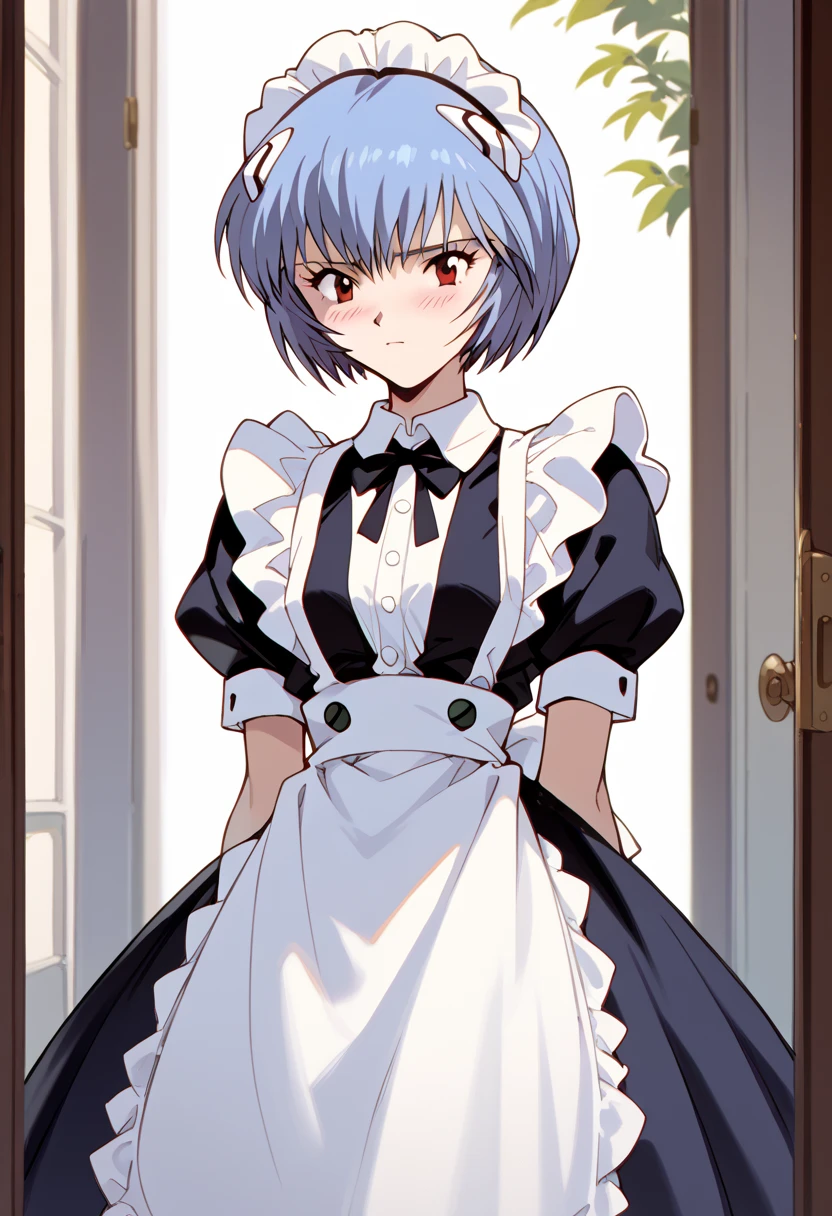 masterpiece, high definition , top quality,8k
(Rei Ayanami,young) Embarrassing 
( black maid clothes,White brim)
