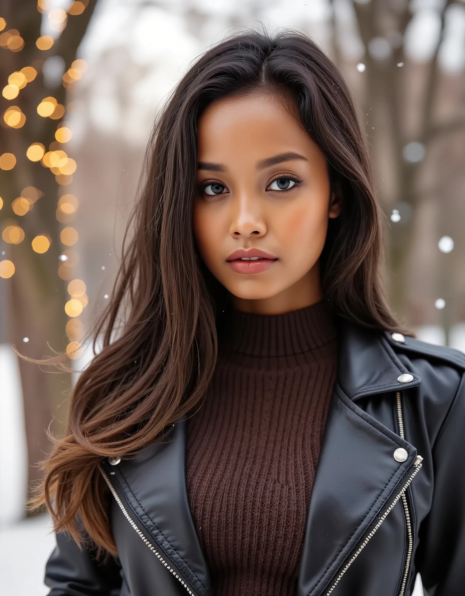 Purti Cinta wearing a turtleneck sweater and a leather jacket, long dark hair, winter, whimsical, intricate brush strokes, beautiful lighting, intricate details, Unreal Engine, creative, expressive, detailed, colorful, digital art, unique, HW*, amber twinkle lights in background, sunset, snowing, seductive