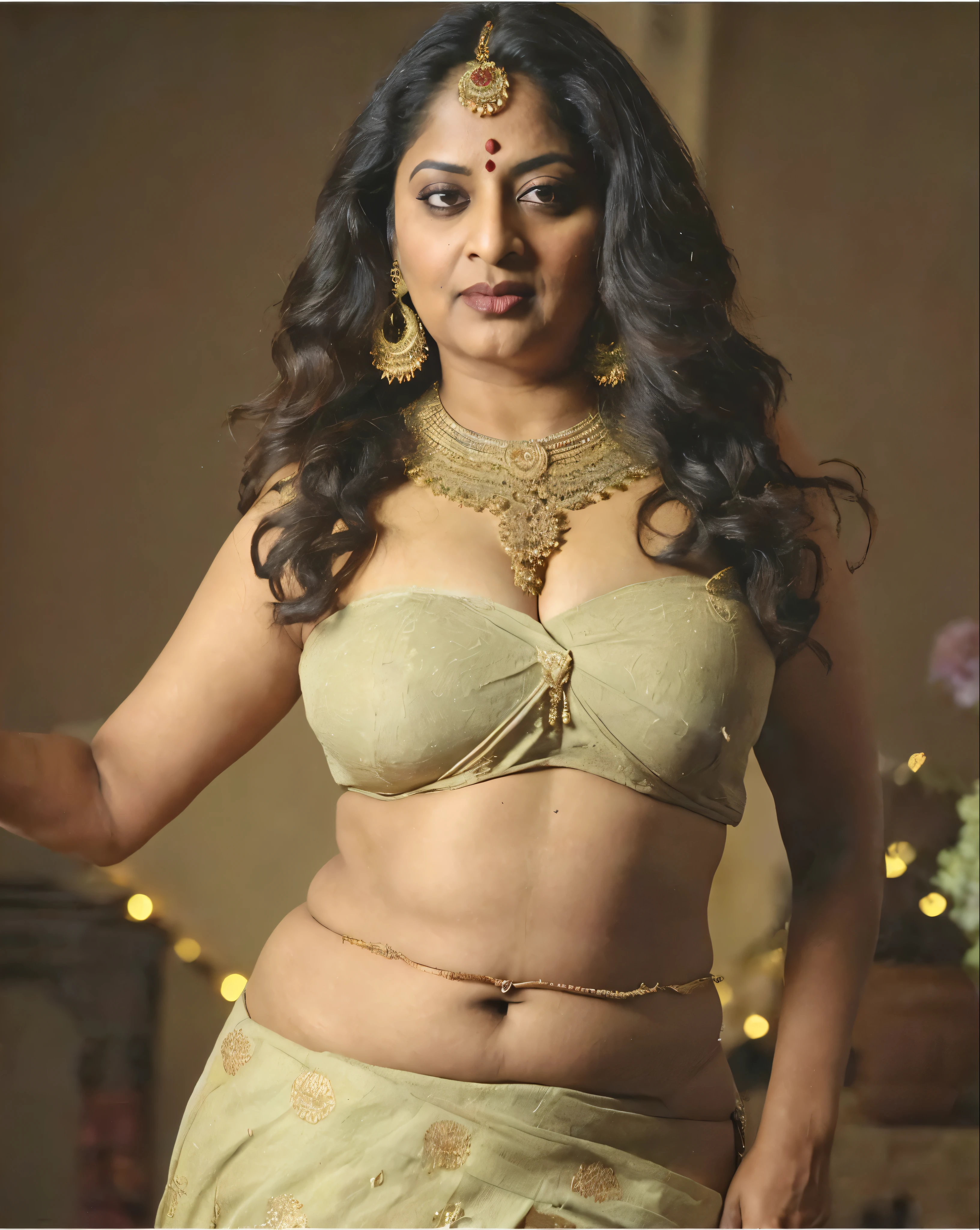 Looks like Indian Actress Ester Noronha, stunning beauty, enchantress, maharani, beautiful like apsara, An Extremely gorgeous and beautiful Bengali village woman, 55 yo, pale white skin, sensual appealing body, perfect thick and chubby Beauty, wearing saree bare-chested, wearing a Bengali-style saree without a blouse,, ethnic vintage bengali village woman, bengali style saree, The sari was worn without a blouse and petticoat before the British Raj, baring one's chest or being blouseless, intricate , Bengalis a.k.a. Bongs are known for their unique Bengali fashion sense (the way they don that sari makes you go wow), Pre British Raj, Pre colonial era, Bengali Woman draping sari without blouse is a normal thing in pre British Era, bong woman, wearing kajal or kohl or kajol in eyes, enchanting face, fluent body language and her own appeal is truly different, thick fleshy navel, juicy lips, beautiful curvy village woman, desi gorgeous Bong aunty, curvy mature beauty, Bengali bhabhi , deep juicy navel, juicy figure, skin pores, skin texture, highly detailed, sensually appealing, appealing figure, appealing body language,