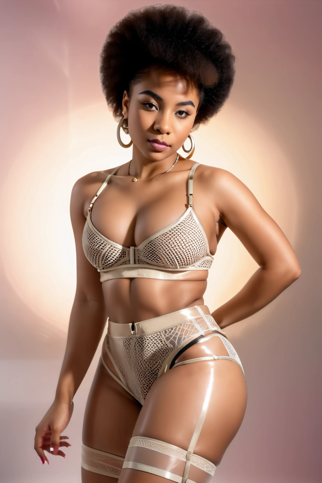 Africans woman #2 muscular curly hair detailed muscles on the hotel room wearing yellow sexy lingerie back view realistic hd 4k