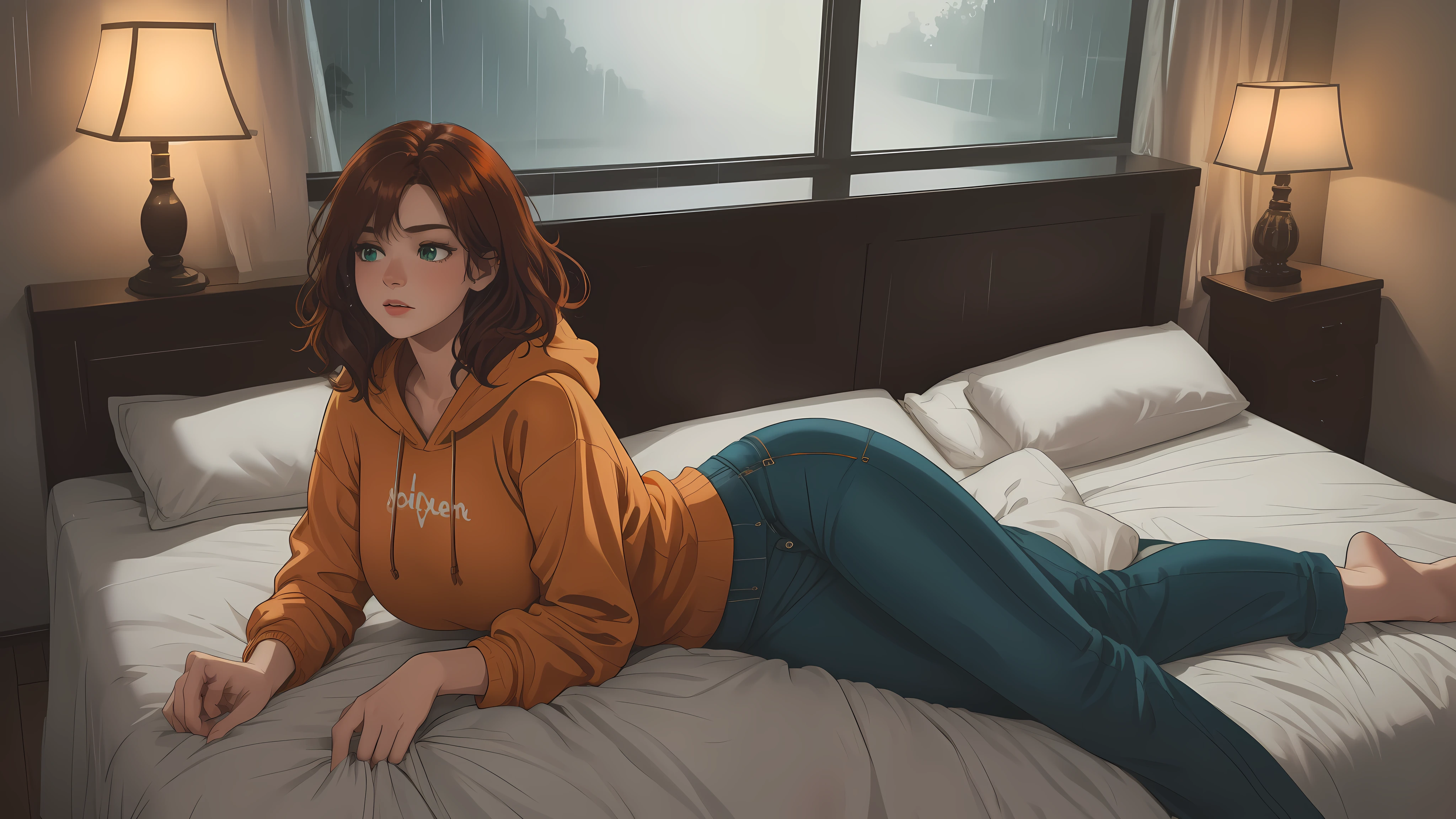 "A cozy and cinematic bedroom with a dark, rainy atmosphere featuring A woman medium boobs with short wavy auburn hair, wearing a lush cream hoodie and fit jeans laying on the bed. The room is illuminated by moody neon lights in shades of warm orange and teal, casting a soft glow on the walls. A vintage classic TV is playing static or an old movie, adding a nostalgic touch. Through the large glass window, heavy rain is visible, with water droplets streaming down the glass, creating a calming ambiance. The room features minimalistic furniture, with a comfortable bed and a small nightstand. The scene is rich with detail, evoking a sense of solitude and serenity."
