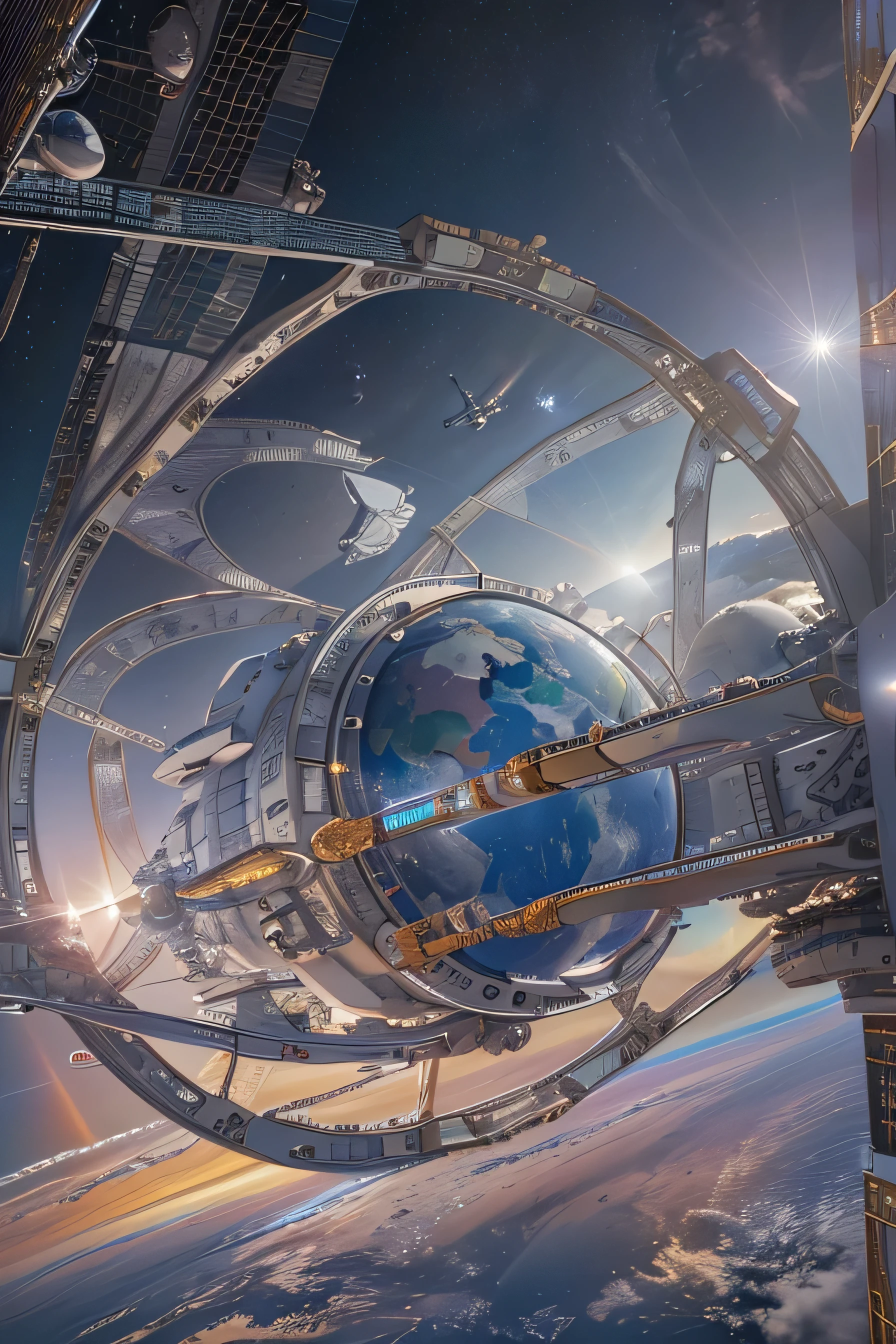 (( masterpiece , top quality, Max Image, high definition , Photorealistic, RAW photos , Highly Detailed CG Unified 8K Wallpaper )), drifting through space with the Earth in the background 、Earth in the background , huge space station , Triangle Space Station , truss structure, Parabolic Antenna, solar panel ,