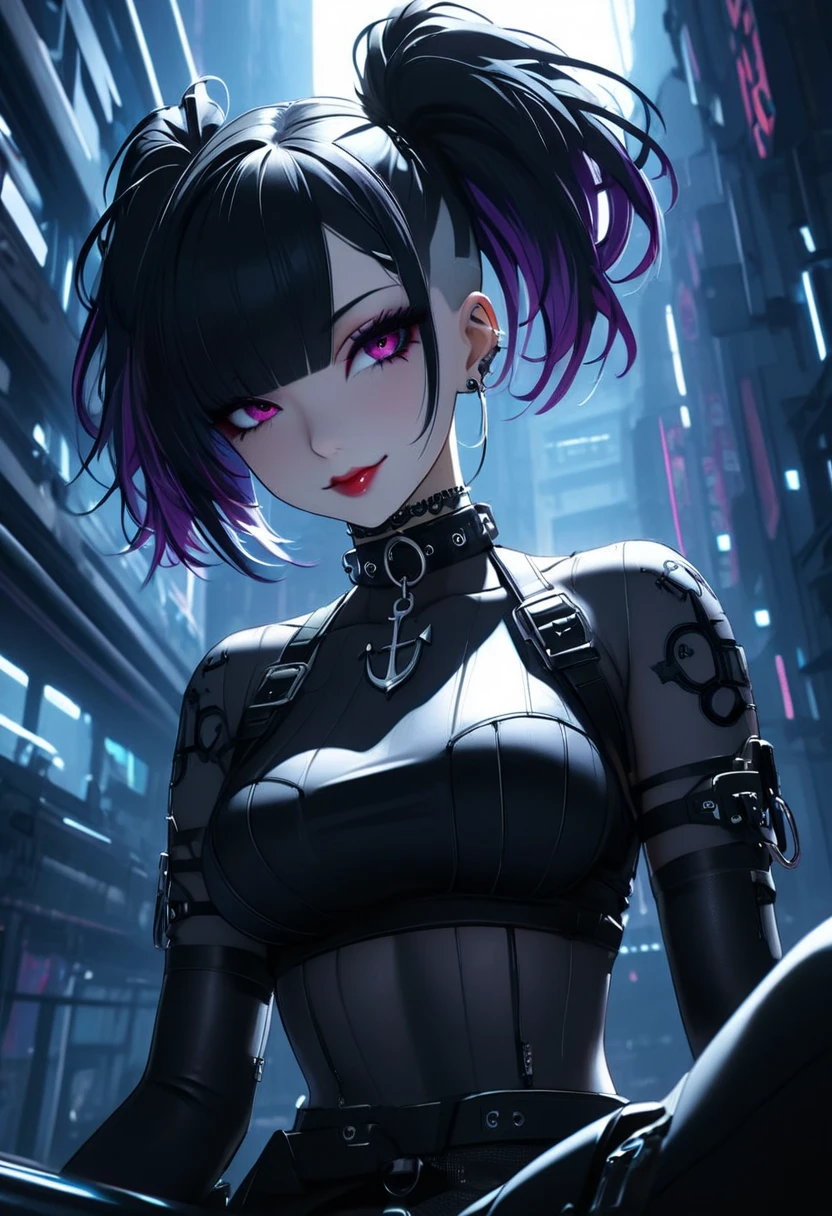 Cyberpunk, Gothic Girl, Pigtails, Crew Cut, Anchor Choker, Large Breasts, Seductive Smile, From Below, Chiaroscuro 