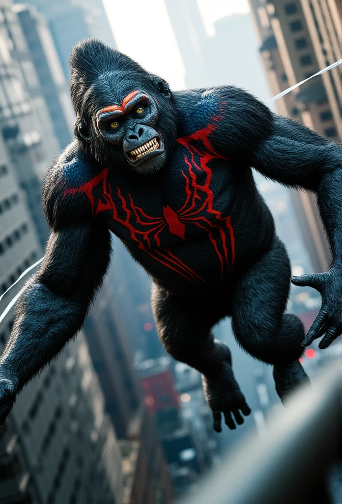 ((masterpiece)) ((photography)) ((Highest quality))  Spider-Man reimagined as a fierce gorilla, blending the agility and web-slinging powers of the iconic hero with the raw strength and presence of a primate. His body is covered in dark, sleek fur with the signature red and blue suit design, including the spider emblem on his chest and web patterns across his limbs. The gorilla Spider-Man swings from building to building, his powerful arms using webs to propel him through the cityscape. His face, still bearing the mask of Spider-Man, is now more animalistic, with sharp eyes filled with determination and primal focus. The urban environment around him is alive with motion as he races to stop a new threat, leaving a trail of webs and chaos behind.