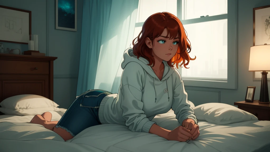 "A cozy and cinematic bedroom with a dark, rainy atmosphere featuring A woman medium boobs with short wavy auburn hair, wearing a lush cream hoodie and fit jeans laying on the bed. The room is illuminated by moody neon lights in shades of warm orange and teal, casting a soft glow on the walls. A vintage classic TV is playing static or an old movie, adding a nostalgic touch. Through the large glass window, heavy rain is visible, with water droplets streaming down the glass, creating a calming ambiance. The room features minimalistic furniture, with a comfortable bed and a small nightstand. The scene is rich with detail, evoking a sense of solitude and serenity."
