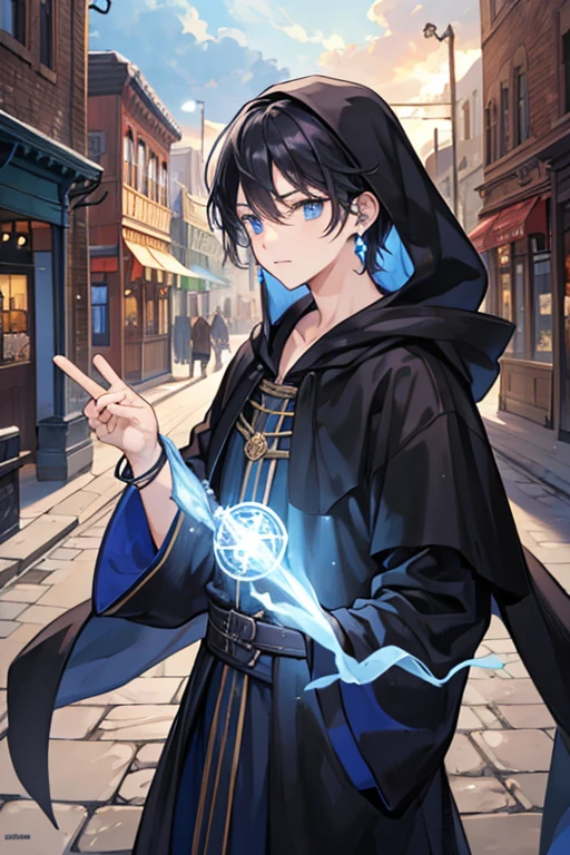  man,  Wizard,Fight with magic, dark blue robe, wearing a hood  ,  bracelet , Earrings,  black hair, middle ages, Main Street