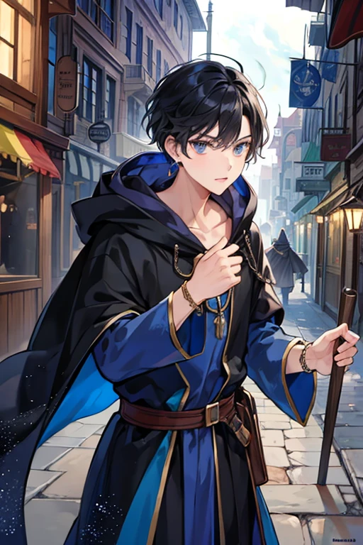  man,  Wizard,Fight with magic, dark blue robe, wearing a hood  ,  bracelet , Earrings,  black hair, middle ages, Main Street