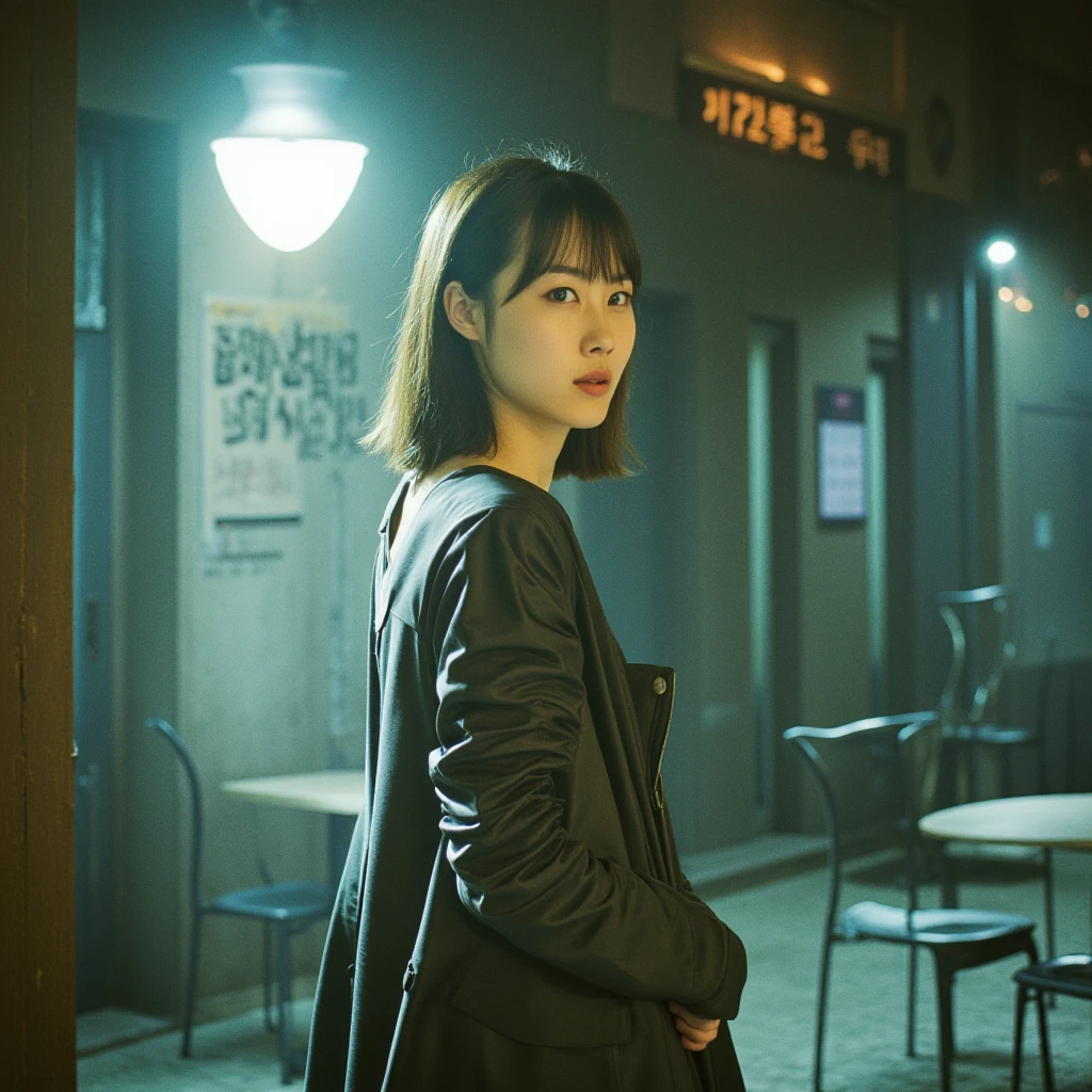 The image features a young Korean woman, a K-drama actress, posing in a melancholic and dreamy setting. She stands in front of an empty cafe, surrounded by hazy, reverb-drenched lighting, symbolizing the title "Empty Spaces." The background showcases a blurred cityscape, reminiscent of a forgotten place. The actress wears a stylish, modern outfit, accessorized with subtle Korean cultural references, and has a contemplative, melancholic expression. The title "Empty Spaces" is prominently displayed in bold, elegant, and minimalist lettering, overlapping the actress's figure or cafe's facade, with a subtle glow effect to make it stand out. The composition evokes a sense of shoegaze, ethereal atmosphere, and the allure of Korean female vocals, capturing the essence of the melancholic and haunting track.