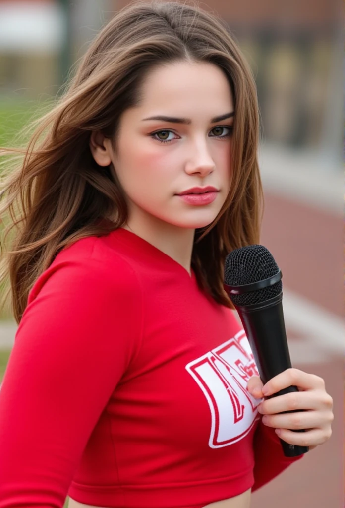 college cheerleader, sexy, red lips, athletic bodytype, team name "COCKS" on the shirt, popular girl, red uniform, age 18, 8k (High definition),weather, cute girl, medium size breasts, hold microphone, Caucasian skin,  brown hair,