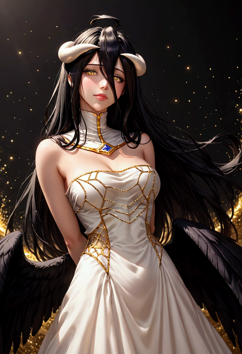 A high resolution, Sharp focus, Pixiv masterpiece, ((Intricate details)), Highly detailed, 1girl, Black wings, Gold-white dress, White horns, Albedo_Overlord, Black hair, (Low wing,:1.1), Upper body, black background, gold dust, gold sparks, gold particles, ((arms behind back)), 