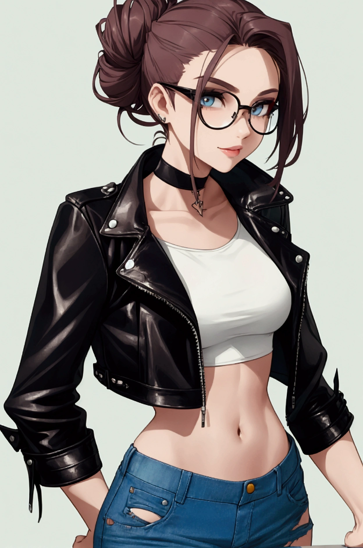 1 girl, detailed face, detailed eyes, brown hair in a ponytail, Brown eyes, glasses, (freckles;1.5), tiny breasts, delicious tight ass, short leather jacket, mini skirt, I don&#39;t wear a bra because it&#39;s hot, I don&#39;t wear panties because it&#39;s hot, front view, simple background
