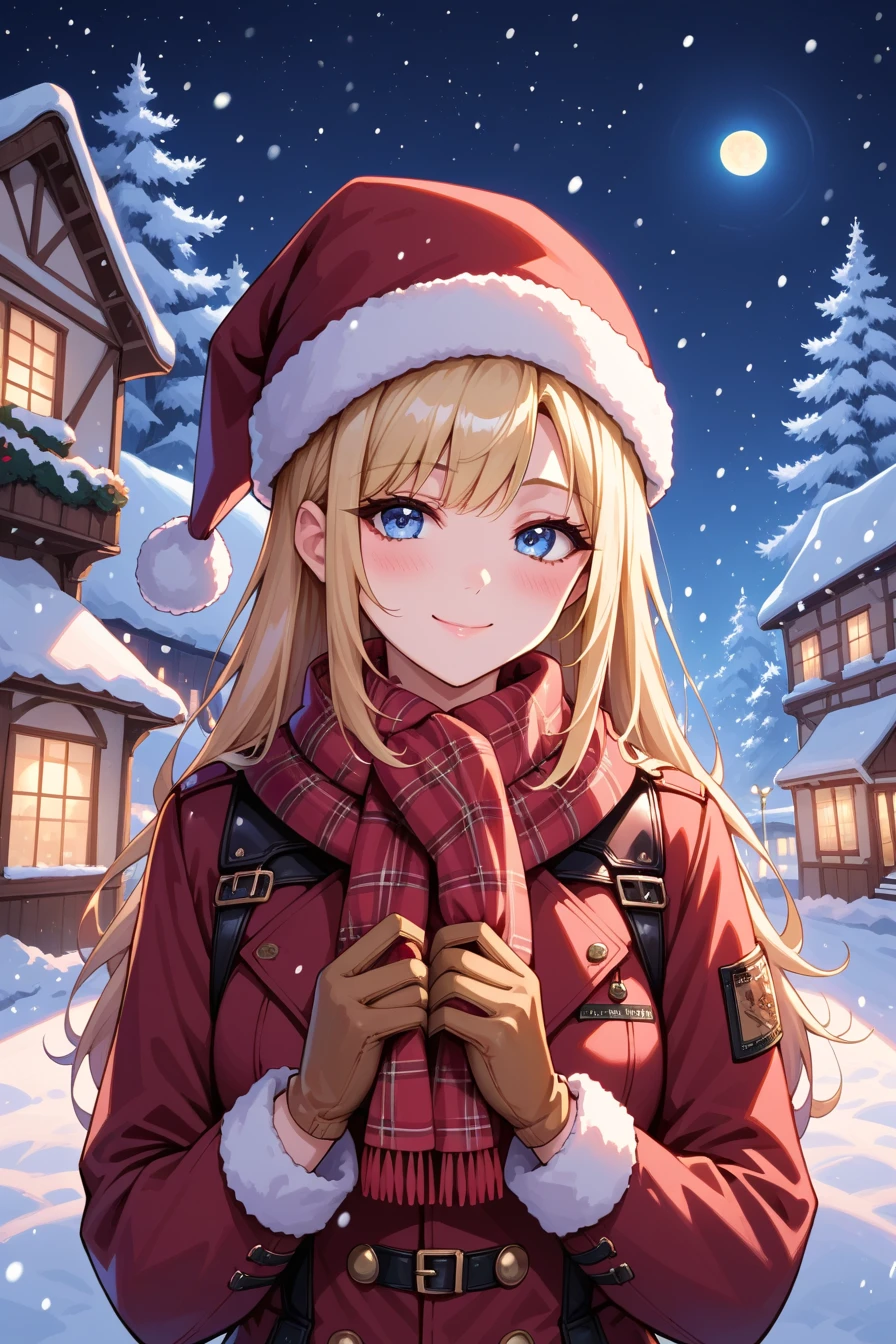 masterpiece, best quality, amazing quality, very aesthetic, absurdres, newest, (scenery, volumetric lighting), Xmas_2k24, 1girl,solo,long hair,blush,smile,bangs,blue eyes,blonde hair,gloves,long sleeves,hat,closed mouth,upper body,outdoors,sky,solo ,gloves,scarf,tree,coat,plaid,night,buildings,christmas,red headwear,snow,santa hat,snowing,winter clothes,winter,lamppost ,masterpiece, best quality, amazing quality, very aesthetic, absurdres, newest, (scenery, volumetric lighting), ,