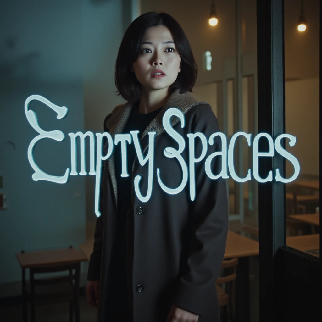 The image features a young Korean woman, a K-drama actress, posing in a melancholic and dreamy setting. She stands in front of an empty cafe, surrounded by hazy, reverb-drenched lighting, symbolizing the title "Empty Spaces." The background showcases a blurred cityscape, reminiscent of a forgotten place. The actress wears a stylish, modern outfit, accessorized with subtle Korean cultural references, and has a contemplative, melancholic expression. The title "Empty Spaces" is prominently displayed in bold, elegant, and minimalist lettering, overlapping the actress's figure or cafe's facade, with a subtle glow effect to make it stand out. The composition evokes a sense of shoegaze, ethereal atmosphere, and the allure of Korean female vocals, capturing the essence of the melancholic and haunting track.