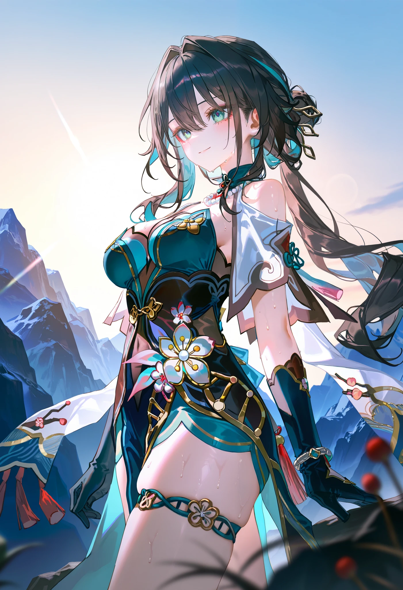 04:00:49 
(artist:onineko:0.826446),artist:hito komoru,(artist:quasarcake:1.1),(artist:reoen:0.826446),artist:machi,(7769:1.21)(artist:ningen_mame:0.9),(artist:sho_(sho_lwlw):0.9),(artist:rhasta:0.9),(artist:wlop:0.7),(artist:ke-ta:0.6),(fkey:0.5),(tianliang duohe fangdongye:0.5),(hiten \(hitenkei\):0.6),ruan mei_(honkai: star rail),blurry foreground,ray tracing,lens flare,cinematic lighting,absurdres,1girl,solo,adult,mature woman,cleavage,medium breasts,black hair,green eyes,hair ornament,smile,blush,sweaty,thighs,standing on top of the mountain,in the morning,beautiful scenery,beautiful sunlight,from back below, masterpiece,best quality,newest,