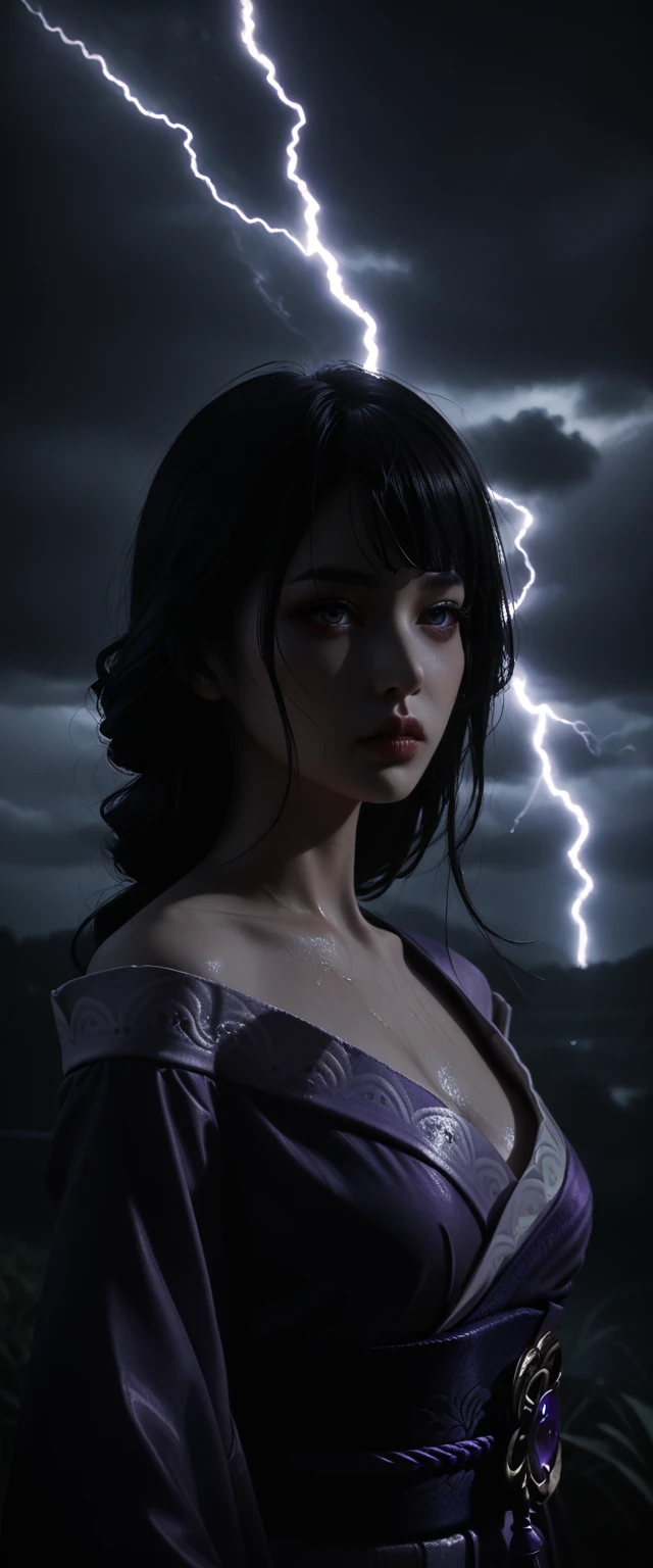 Goddess of thunder and lightning, Majestic and Regal demeanor, wet and beautiful woman , badass and magnificent bearing, exquisitely detailed and life-like, Ultra HD, Photorealistic portrait, heavy winds and rain, epic lighting and shadows, glowing lightning filled purple eyes, symmetrical and aesthetically pleasing, 1girl, Raiden Shogun Ei from genshin impact, extremely detailed goddess of death, highly detailed kimono, extremely detailed and revealing gothic off-shoulder kimono, dark and stormy night, lightning blazing in the skies, extremely detailed and realistic skin, extremely detailed medium perky breasts, dramatic cinematic lighting, intricate details, dramatic atmosphere,dark purple hair, dark moody lighting, lush garden background, dramatic colors, photorealistic, 8k, best quality, masterpiece, deep low-cut neckline showing décolletage, life-like and Photorealistic taken from a Leica m9 50mm 1.2 pouting kissable lips [holding a lighting engulfed Katana]