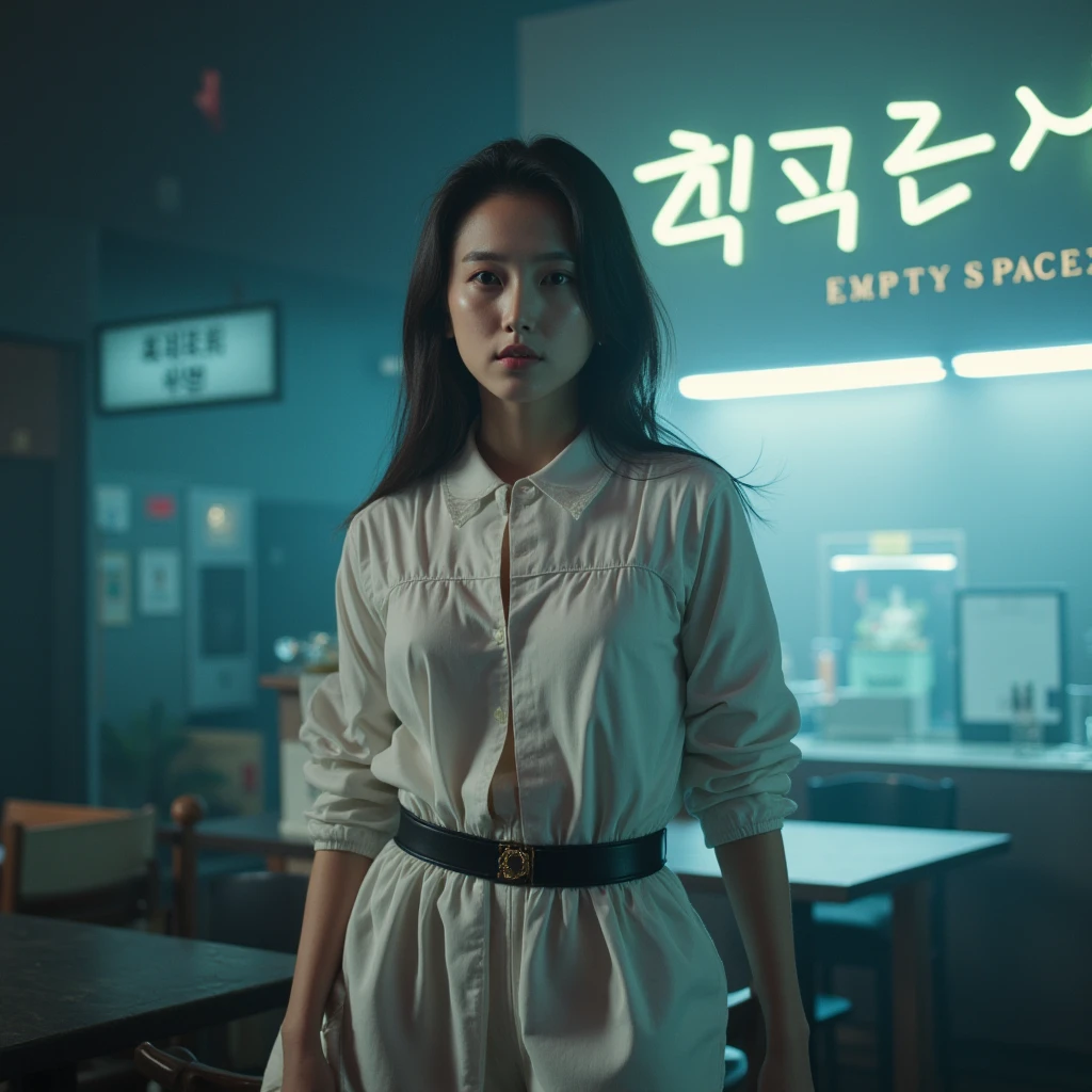 The image features a young Korean woman, a K-drama actress, posing in a melancholic and dreamy setting. She stands in front of an empty cafe, surrounded by hazy, reverb-drenched lighting, symbolizing the title "Empty Spaces." The background showcases a blurred cityscape, reminiscent of a forgotten place. The actress wears a stylish, modern outfit, accessorized with subtle Korean cultural references, and has a contemplative, melancholic expression. The title "Empty Spaces" is prominently displayed in bold, elegant, and minimalist lettering, overlapping the actress's figure or cafe's facade, with a subtle glow effect to make it stand out. The composition evokes a sense of shoegaze, ethereal atmosphere, and the allure of Korean female vocals, capturing the essence of the melancholic and haunting track.