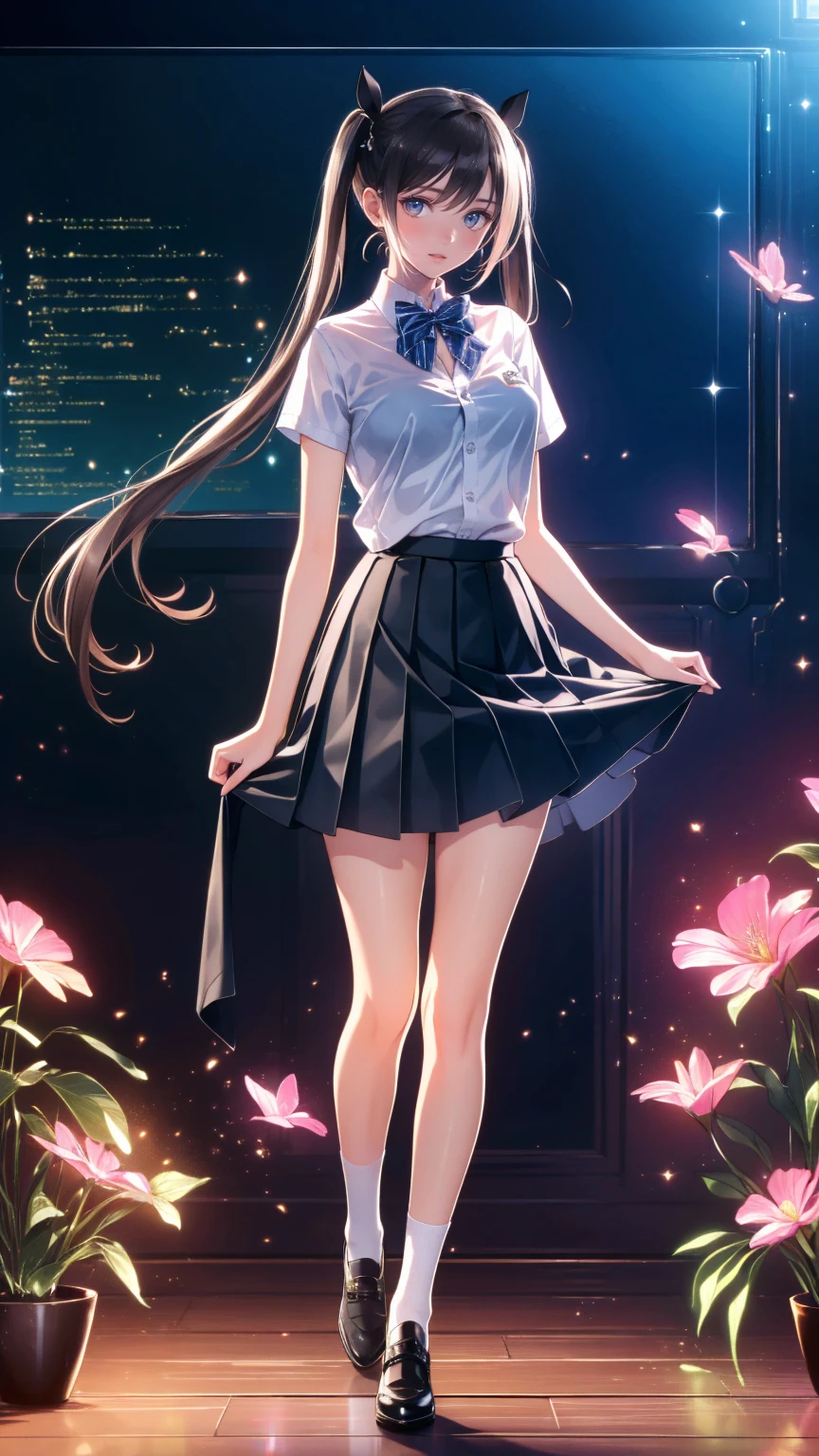   1 girl, Alone,   long hair, Chest,    viewers , ,  Brown Hair,   black hair,    closed mouth ,   Twin Tails ,   brown eyes ,   standing with different breasts , underwear,   school uniform, clavicle,   white shirt, Short sleeve, Thighs,   pleated skirt , Seraph, indoor,   BLACK HIGH SOCKS ,   bow tie , Clothes lift,   blue skirt,   skintation,   skirt flip ,   Pink Ribbon  ,   lifted by myself  ,  blue sailor collar , classroom, school desk,   blackboard  , ((32K)), ((  top quality)), ((   Ultra High Resolution )), ((   high definition  )), ((超   high definition  )), ((  very detailed CG)), (( Unity 32K Wallpaper )), 