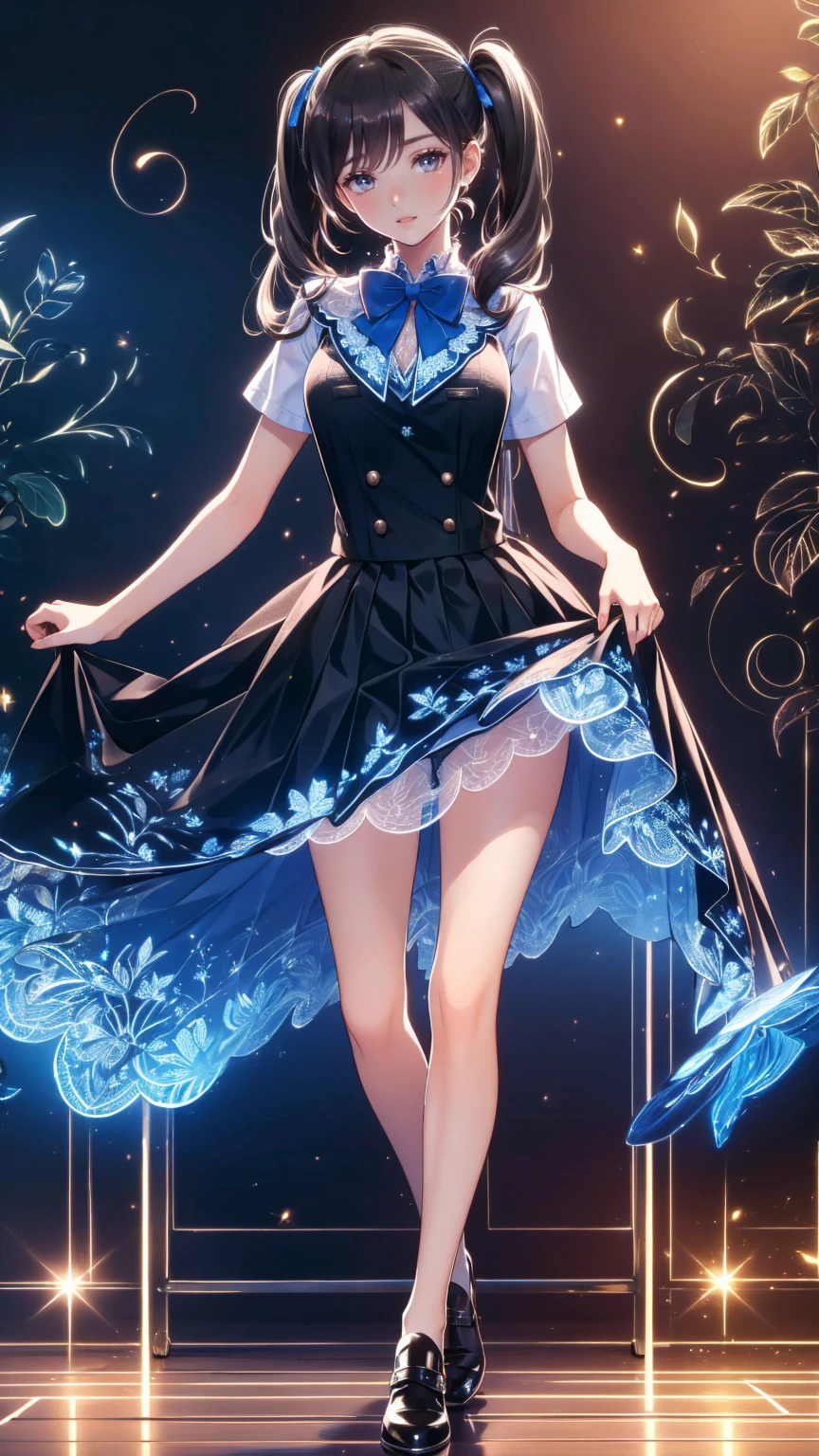   1 girl, Alone,   long hair, Chest,    viewers , ,  Brown Hair,   black hair,    closed mouth ,   Twin Tails ,   brown eyes ,   standing with different breasts , underwear,   school uniform, clavicle,   white shirt, Short sleeve, Thighs,   pleated skirt , Seraph, indoor,   BLACK HIGH SOCKS ,   bow tie , Clothes lift,   blue skirt,   skintation,   skirt flip ,   Pink Ribbon  ,   lifted by myself  ,  blue sailor collar , classroom, school desk,   blackboard  , ((32K)), ((  top quality)), ((   Ultra High Resolution )), ((   high definition  )), ((超   high definition  )), ((  very detailed CG)), (( Unity 32K Wallpaper )), 