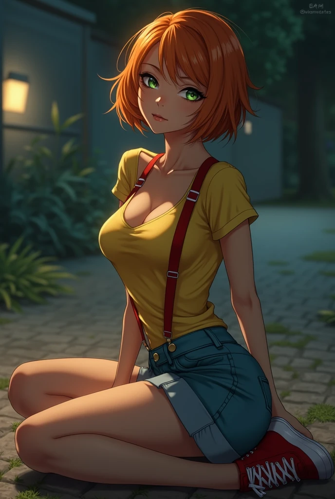 Young woman, skinny hot body, ginger short pixie cut with bangs, freckles and green eyes, Plaid Drop Shoulder Cropped Blouse, cleavage, plaid daisy dukes, laying back against wall with legs spread wide open, ((sweaty))
