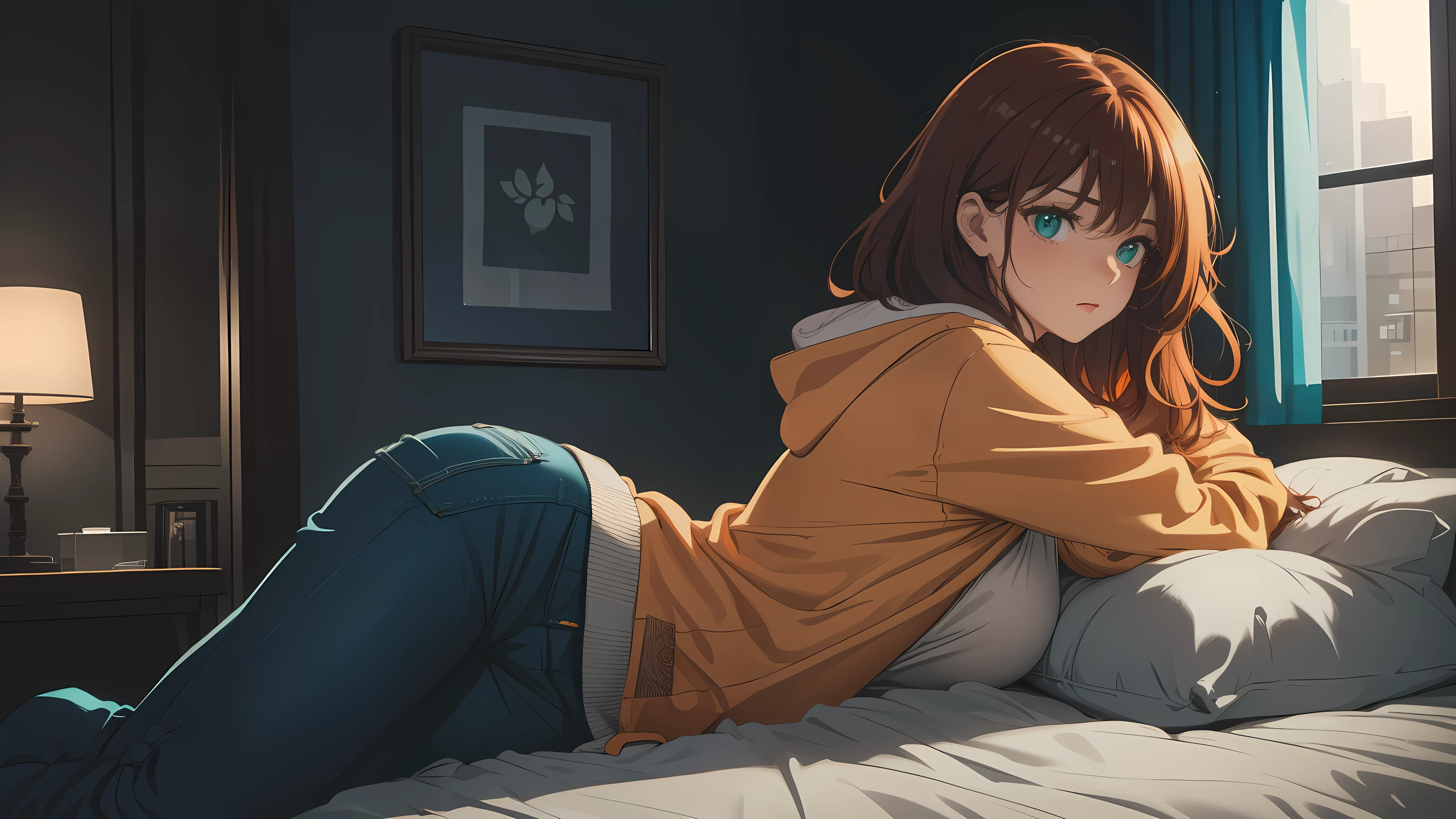 "A cozy and cinematic bedroom with a dark, rainy atmosphere featuring A woman medium boobs with short wavy auburn hair, wearing a lush cream hoodie and fit jeans laying on the bed. The room is illuminated by moody neon lights in shades of warm orange and teal, casting a soft glow on the walls. A vintage classic TV is playing static or an old movie, adding a nostalgic touch. Through the large glass window, heavy rain is visible, with water droplets streaming down the glass, creating a calming ambiance. The room features minimalistic furniture, with a comfortable bed and a small nightstand. The scene is rich with detail, evoking a sense of solitude and serenity."
