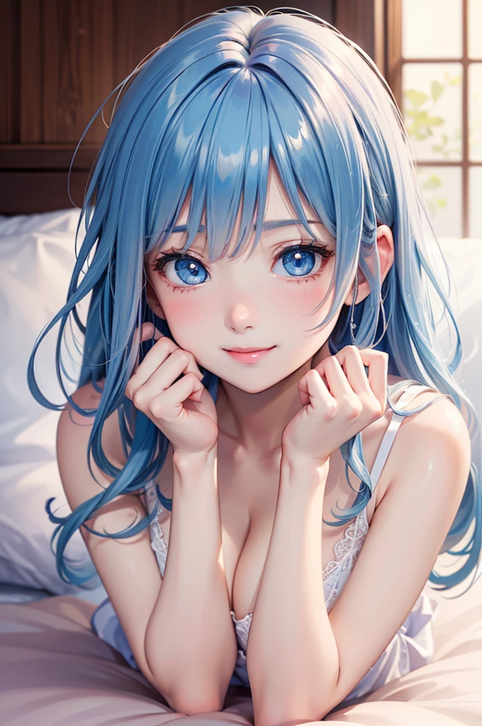 (Best Quality,High resolution,8K,finelity detailed background,Masterpiece:1.2),beautiful girl,Shiny light blue hair,messy hair,Light blue eyes,Gentle look,A refreshing look,Best quality,Best Quality,Aesthetic and aesthetic:1.2,Best details((Super detailed))(High-definition CG illustrations),cuteパジャマ,Slender body,night,Moonlight,Bedroom,On the bed,smile,blush,cute,Scrounge,Looking up,Being spoiled,super model,wariza,shoot from below