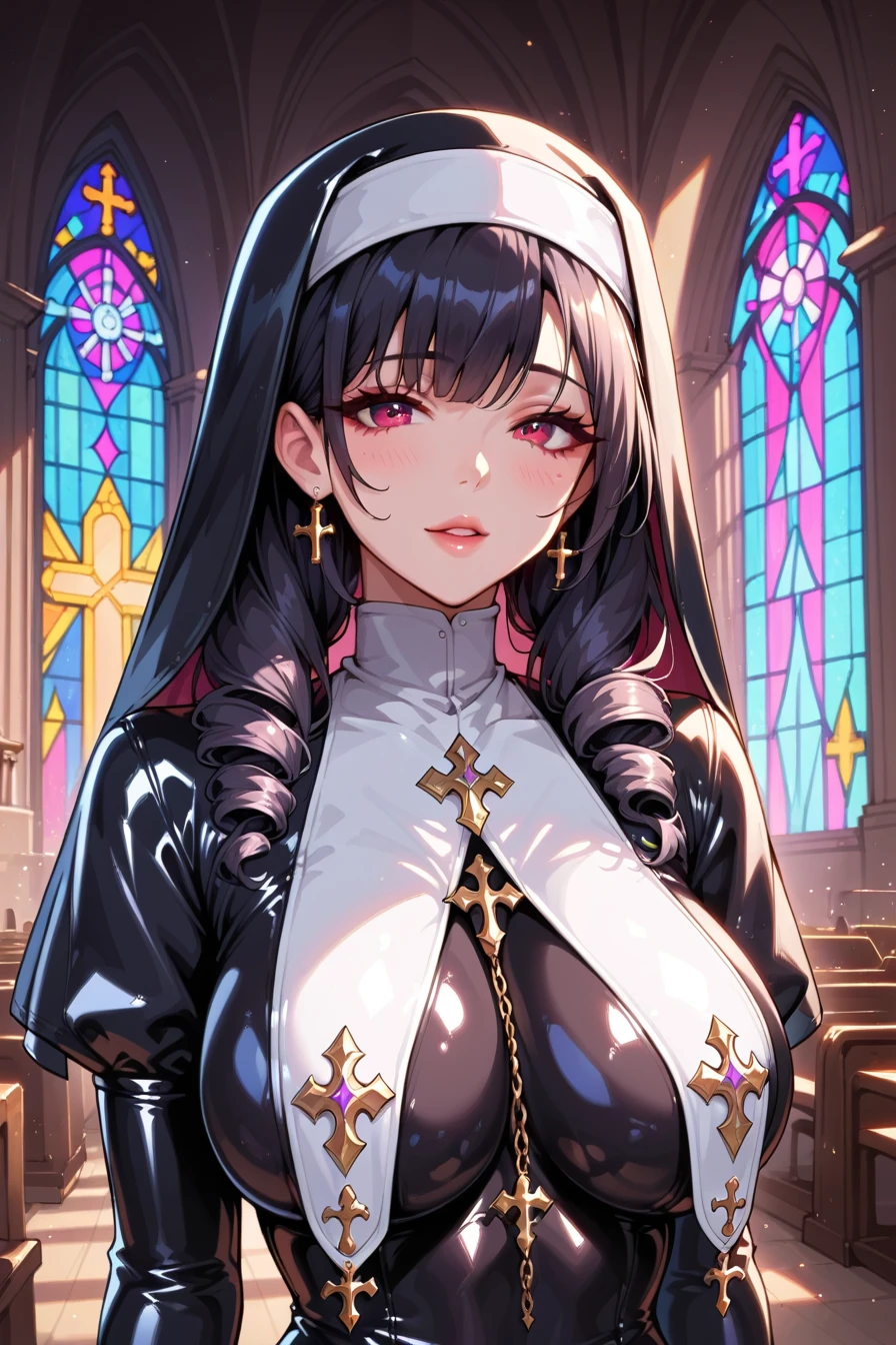 celestia ludenberg, long hair, bangs, black hair, red eyes, long sleeves, twintails, drill hair, twin drills,large breasts, latex nun, nun, habit, detached sleeves, breast curtains, 1girl, solo, large breasts, latex bodysuit nun, latex, latex bodysuit, nun, bodysuit, skin tight, black bodysuit, shiny clothes, solo, 1girl, church background, stain glass window
