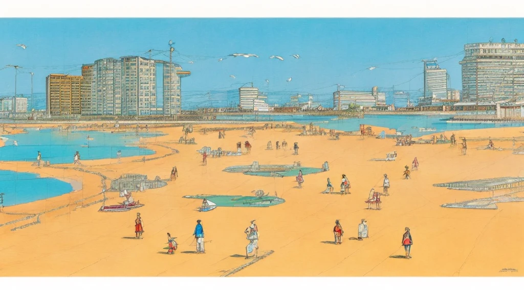 cartoon of a beach scene with people walking, Copacabana in Brazil an anime film, by Peter Smithson, by Oscar Niemeyer, by Renzo Piano, by Richard Rogers, by Max Holleran, Charles-Édouard Jeanneret-Gris, by Le Corbusier, by Lina Bo Bardi