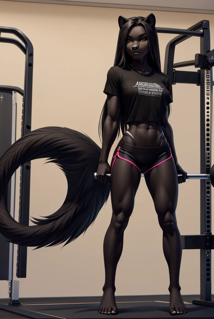 (anthro)) wolf, Ross Tran, by ruan jia, by zaush, by foxovh, by cutesexyrobutts, by cervina_7, by sligarthetiger, Best Quality, masterpiece,, Illustration, Wallpaper,1girl in, Solo, black hair,ponytail hair, hair black with highlights blue, dot piercings 3 in 2 row down her snoot, purple/pink eyes, Beautiful detailed girl, extremely detailed eye and face, black dragon tattoo on her arm, Beautiful detailed eyes, natural_Lighting, Looking at Viewer, Thick_thighs, big ass, tall, hourglass figure, fit body, abs, sweaty, female, cute, wearing gym cloths, in gym, bench pressing, lifting bar with weights, view from top to bottom , large breasts, natural breasts, tail, tall, happy expresion, wide hips thin waist, 8k