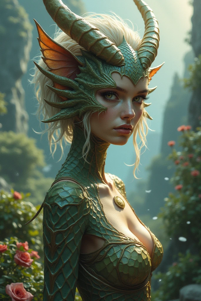woman with a talon dragon on her head, hot reptile humanoid woman, dragon hybrid, green skin with scales,female dragon head, close up breast, big breast. Detailed breast. , Fantasy art. Dragon Girl. 24 years old. serious face. white colored hair. gray eyes. Silver horns, Wings and tail. An abundance of silver. Silver scales, naughty, horny, big breast. Showing breast,