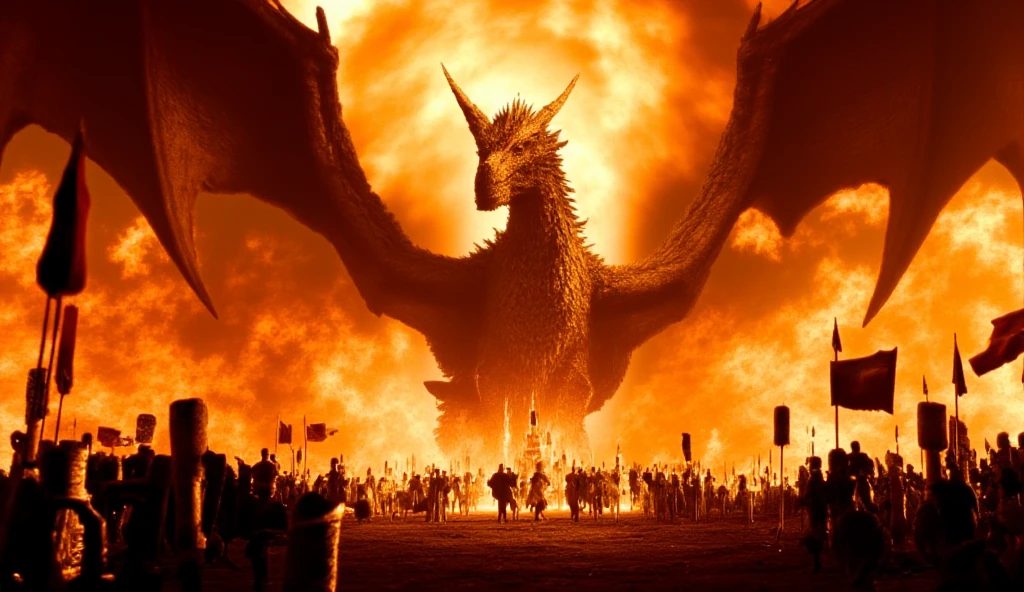 ((masterpiece)) ((photography)) ((Highest quality))  A massive dragon facing the camera in a wide-angle shot, its scales glistening in the firelight. The dragon's piercing eyes stare fiercely as it unleashes a torrent of flame towards a medieval army standing in front of it. The soldiers, clad in shining armor, wield shields and swords, their faces filled with fear and determination. The fiery blast engulfs them, illuminating the battlefield in a dramatic glow. The contrast between the dragon's fiery power and the soldiers' desperate attempt to defend themselves creates a tense, high-stakes atmosphere.