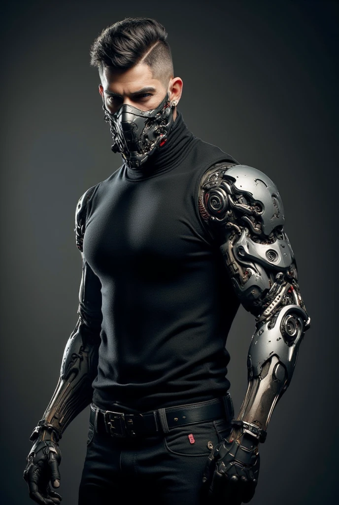 european male,black crew cut hair,half hitech mask covering his mouth and nose,black turtlenecki,black fingerless gloves,cybernetic right arm