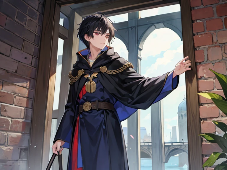 Male student, Wizard, Navy Blue Robe ,  black hair, I'm taking the entrance exam, middle ages, canal 