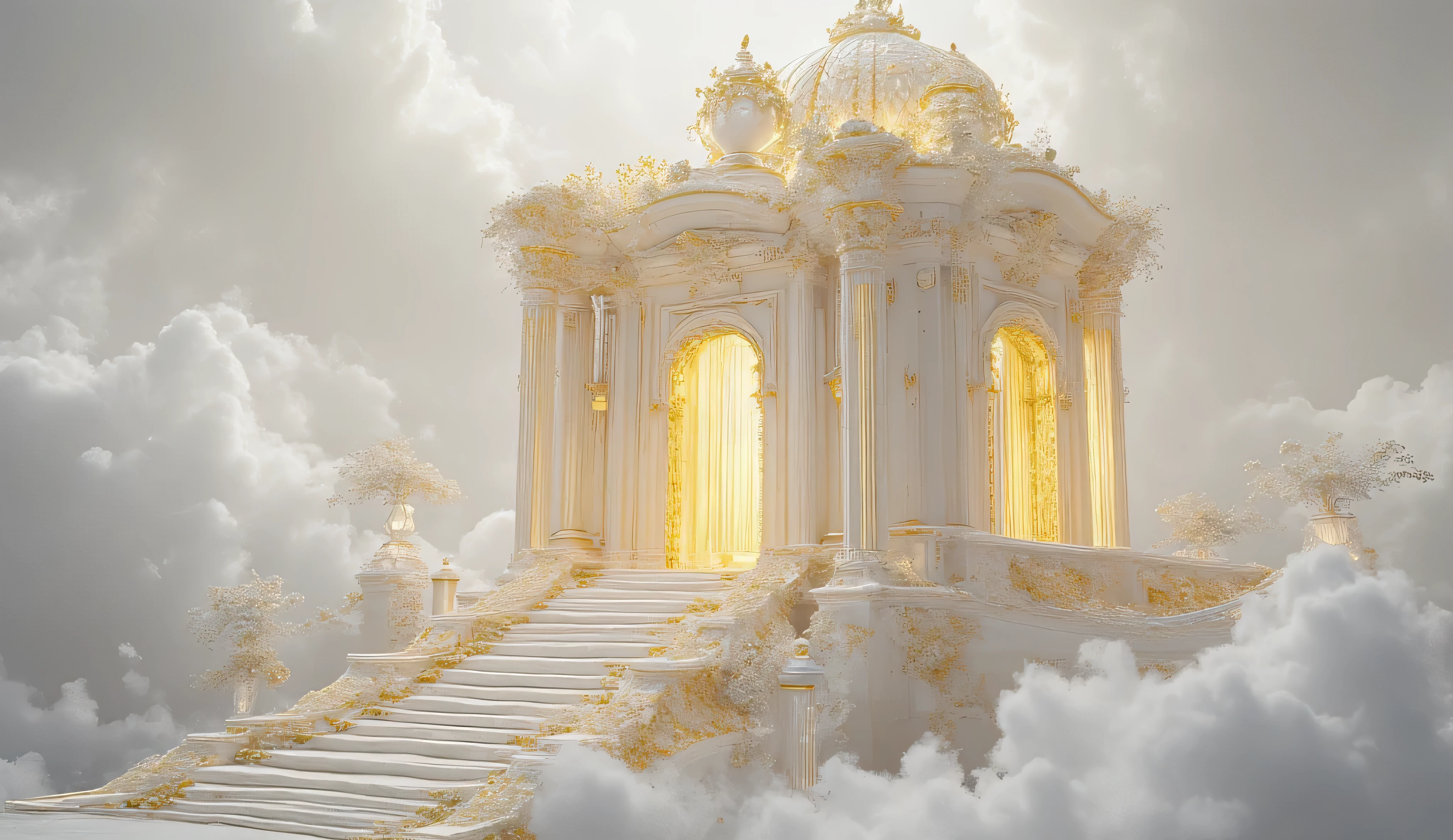 A heavenly shrine made of white marble with golden elements floating in the clouds. Golden lighting