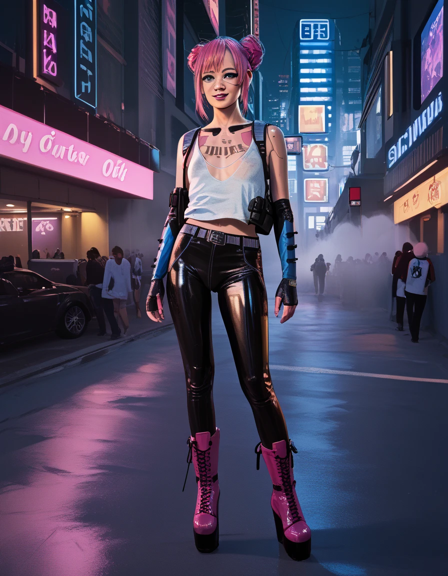 NSFW renders of Rita Wheeler. dirty tank top, belts, super tight leather pants, cameltoe,  boots,  , ., anime, female , , ,,,Rita Wheeler, ,,, thighs,, , , (pixel sketcher:1.4),, masterpiece, ,pink dirty underwear,  body armor,pale skin, detailed Bonifasko lighting, [crepuscular ray], best details, pink hair,, real life,, , depth of field, detailed background],in front of a club, parking lot,  neon city at night scary, fog,female focus, wet, ,skinny, ,pubic hair, , dark lighting, , solo, dirty textures, glowsticks flashing, . , female focus,, , 1girl, , .,female, (Rita Wheeler cyberpunk 2077 ), (Rita Wheeler:1.2), seductive gaze, femme, , , small breasts, ,breast sag , clear details, (, realistic textures, ngloves, , 1girl, one girl, 1girl,high jiggle, , delicious shading, life-like rendering, 
