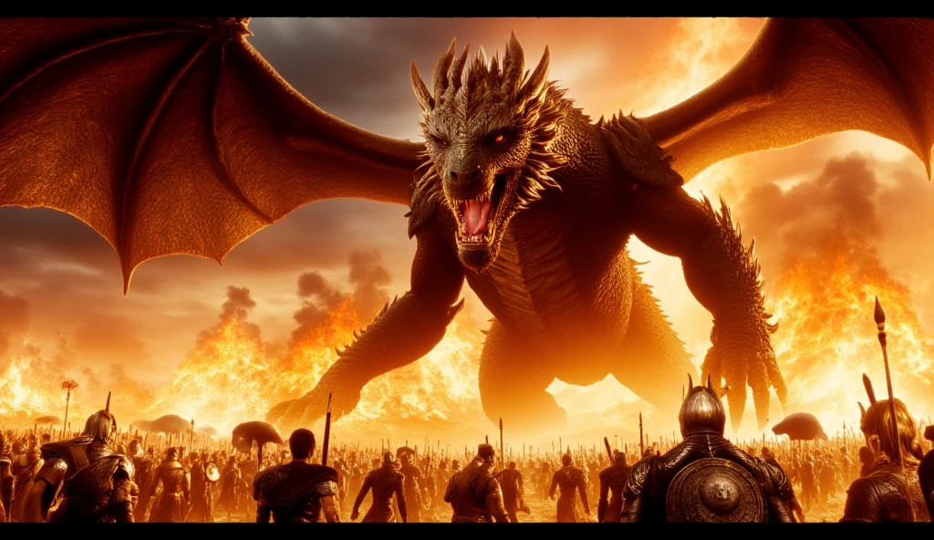 ((masterpiece)) ((photography)) ((Highest quality))  A massive dragon facing the camera in a wide-angle shot, its scales glistening in the firelight. The dragon's piercing eyes stare fiercely as it unleashes a torrent of flame towards a medieval army standing in front of it. The soldiers, clad in shining armor, wield shields and swords, their faces filled with fear and determination. The fiery blast engulfs them, illuminating the battlefield in a dramatic glow. The contrast between the dragon's fiery power and the soldiers' desperate attempt to defend themselves creates a tense, high-stakes atmosphere.