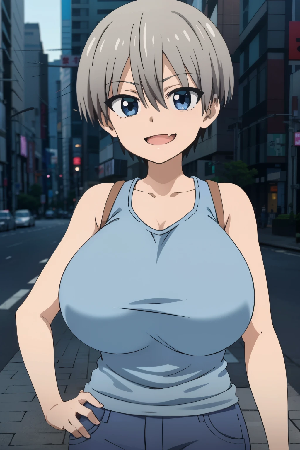 best quality, high resolution, city, tokyo,1girl, huge breasts, 1girl,short hair,blue eyes,bangs,skin fang,grey hair,fang,hair between eyes, smile, looking at viewer, cowboy shot, tanktop, denim shirts