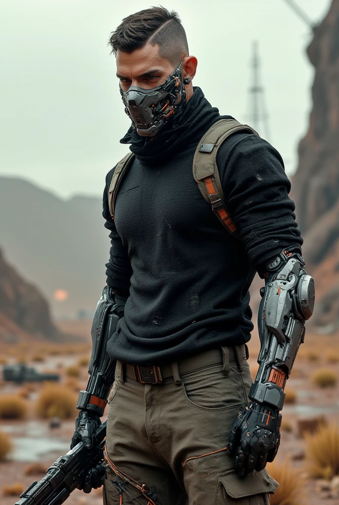 european male,black crew cut hair,half hitech mask covering his mouth and nose,black turtlenecki,black fingerless gloves,cybernetic right arm,black cargo pants,in the badlands