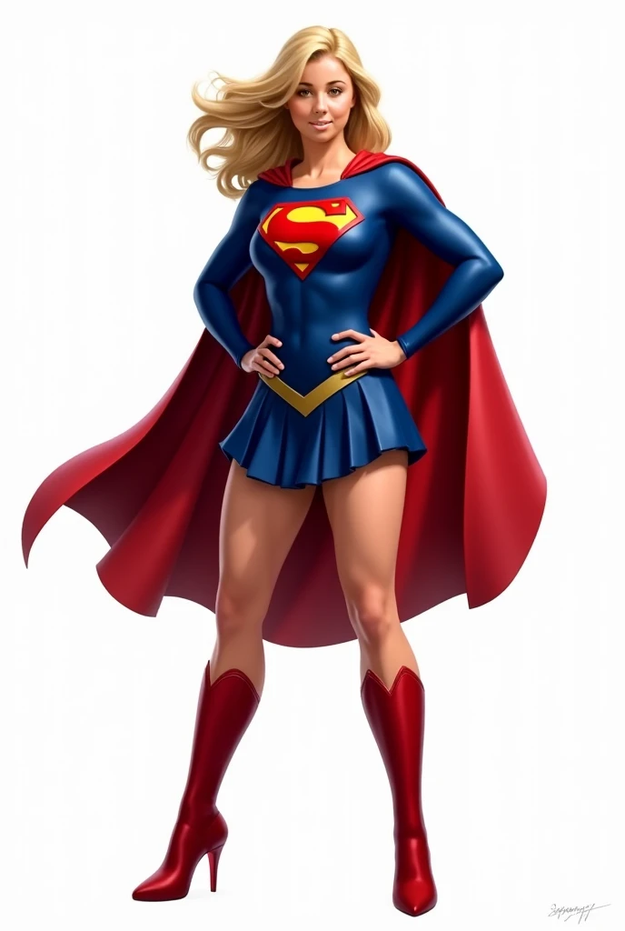 a cartoon of a woman in a Superman costume flying through the air, Super-hero girl, Supergirl, Super hero pose, Super Super dynamic dynamic pose, Superman pose, positing on rock Super hero pose, Super heroine costume, emma watson as Supergirl, garota poderosa, em estilo cartoon, Ilustração HD, Super hero, Super, pose de salto heróico, Superhero