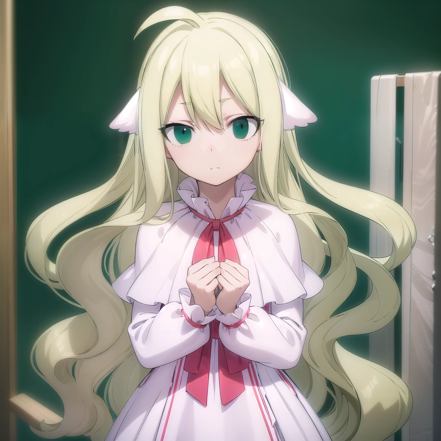 mavis, mavis,  long hair, blonde, ( green eyes:1.5), ahoge,  wavy hair,  animal ears,
to break dress,  white dress, collar, ribbon, red tape,  capelet , long sleeves, 
to break looking at viewer, whole body,
to break indoors,
to break ( masterpiece :1.2),  best quality ,  high resolution ,  unit 8k wallpaper , ( illustration:0.8), ( beautiful and detailed eyes:1.6),  extremely detailed face,  perfect lighting ,  extremely detailed CG , 