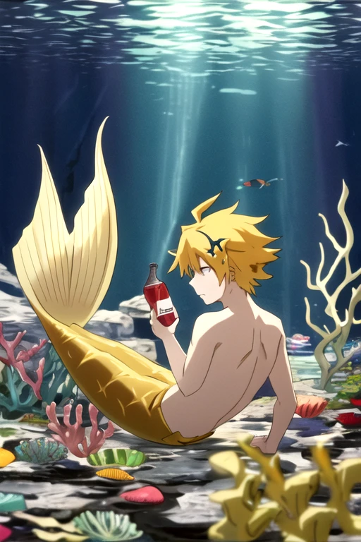  Masterpiece,  Best Quality ,
siren, Little Monster , 1 chico, Alone, Underwater, Bajo el mar  Masterpiece,  Best Quality ,  HIGH QUALITY, 1 , Alone,  male focus,  watching the spectator, , Kaminari_thank you, blonde hair,  multicolored _hair, Cola Triton , bottom: Underwater,  half body shape below:  gold-colored fish tail , expression: sad and depressed,  holding : seashell , Triton