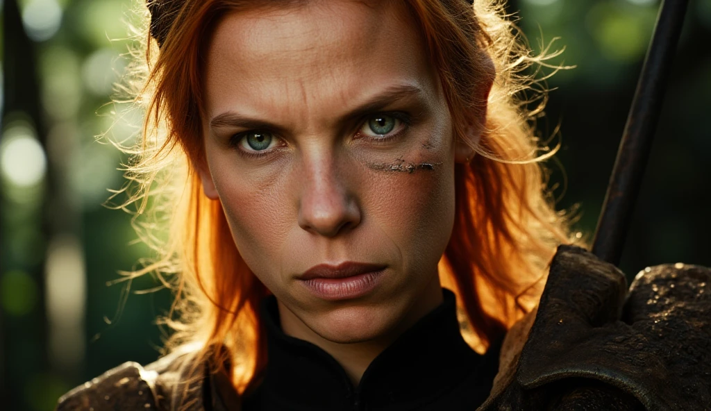 ((masterpiece)) ((photography)) ((Highest quality))  Close-up of a fierce red-haired elven warrior in a forest, her face smeared with dirt and oil, showing the marks of battle. Her sharp blue eyes gaze intensely, filled with determination. The sunlight filters through the trees, casting a soft glow on her face, highlighting the dirt and sweat that make her look both fierce and resilient. Her long, fiery hair is slightly tangled, blending with the wild, untamed environment around her. The forest background is blurred, drawing all attention to her strong, focused expression.