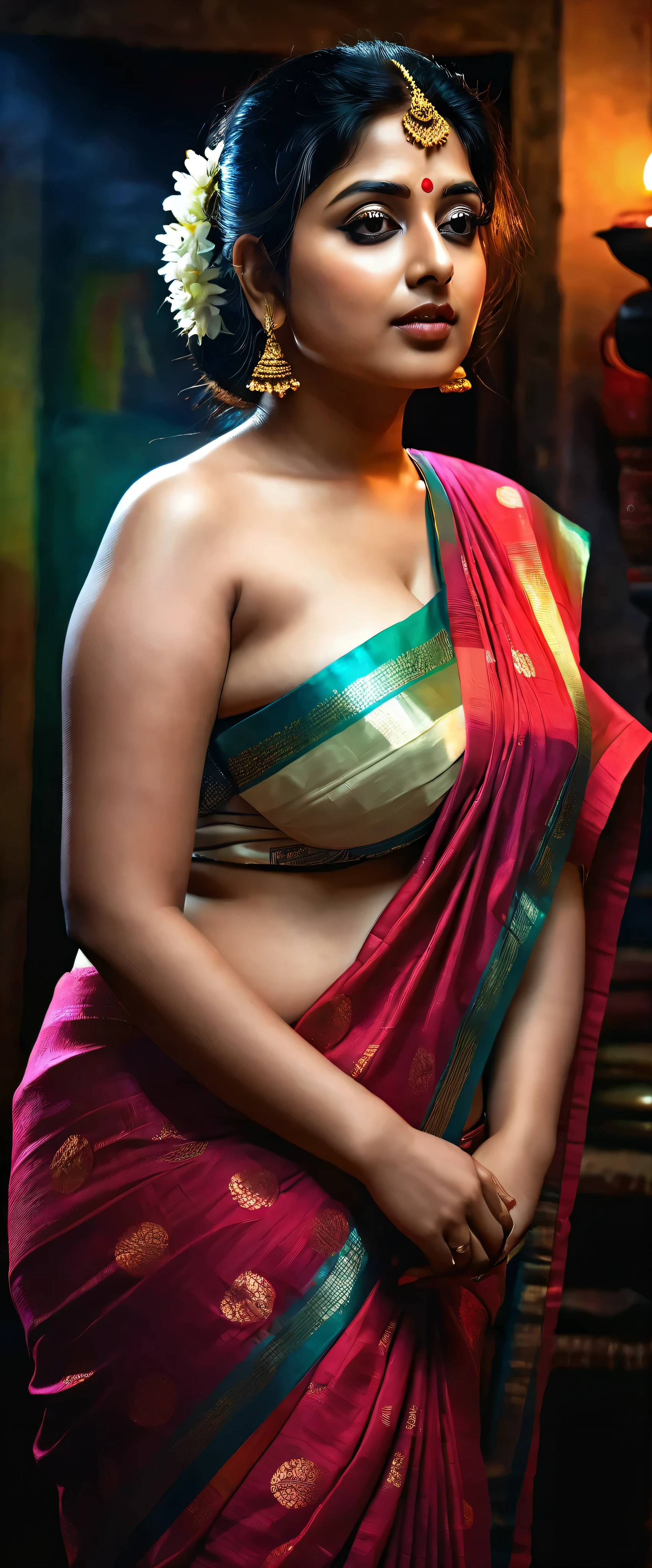 An Extremely gorgeous and beautiful Bengali village woman, 45 yo, pale white skin, sensual appealing body, perfect thick and chubby Beauty, wearing saree bare-chested, curvy, sexy navel folds, fleshy figure, Bengali village style saree, wearing a Bengali-style saree without a blouse,, ethnic vintage bengali village woman, bengali style saree, The sari was worn without a blouse and petticoat before the British Raj, baring one's chest or being blouseless, simple village ornaments, Bengalis a.k.a. Bongs are known for their unique Bengali fashion sense (the way they don that sari makes you go wow), Pre British Raj, Pre colonial era, Bengali Woman draping sari without blouse is a normal thing in pre British Era, bong woman, fine Art photography, artistic photography, sensually appealing, erotic fantasy, ethnic traditional beauty, real armpit hair, low waist saree, insane details, 