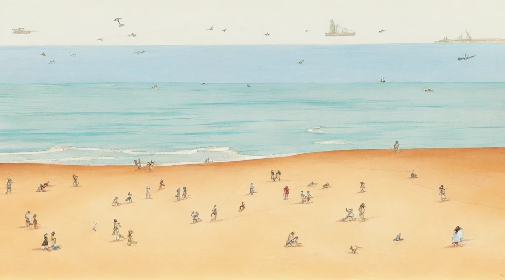 cartoon of a beach scene with people walking, Copacabana in Brazil an anime film, by Peter Smithson, by Oscar Niemeyer, by Renzo Piano, by Richard Rogers, by Max Holleran, Charles-Édouard Jeanneret-Gris, by Le Corbusier, by Lina Bo Bardi