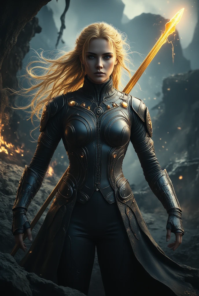 fantasy, mythology, photorealistic, full body shot of woman, mighty valkirie warrior, futuristic sci-fi clothes in legendary nordic mythology style, holding golden spear with bothhands, abandoned viking city in background, masterpiece, ultra-detailed, proto-realistic, 8k, film grain, the golden rule of the tri-partite frame, cinematic light and composition, gods rays, bokeh, full body shot, dynamic pose, , midjourneyv6.1, fantasy elemental, improved