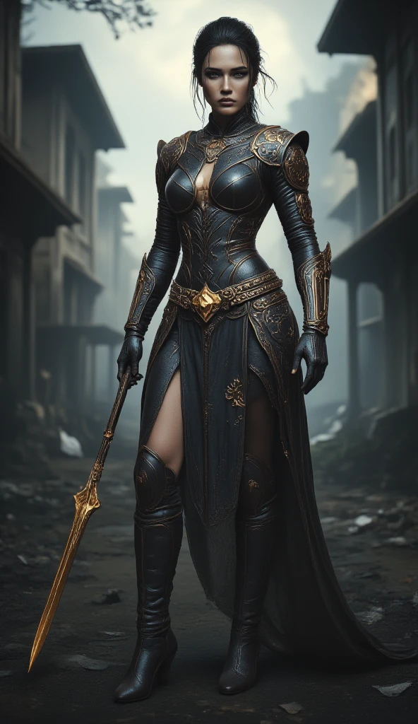 fantasy, mythology, photorealistic, full body shot of woman, mighty valkirie warrior, futuristic sci-fi clothes in legendary nordic mythology style, holding golden spear with both hands, abandoned viking city in background, masterpiece, ultra-detailed, proto-realistic, 8k, film grain, the golden rule of the tri-partite frame, cinematic light and composition, gods rays, bokeh, full body shot, dynamic pose, , midjourneyv6.1, fantasy elemental, improved