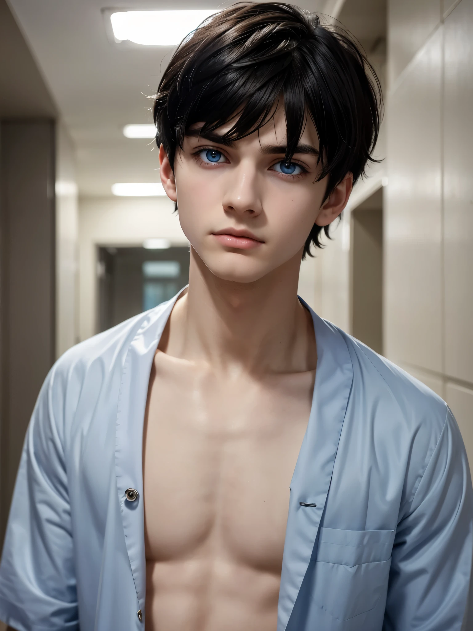 Boy 1.73 in height, medium muscled body, with blue eyes, blue hair and white skin