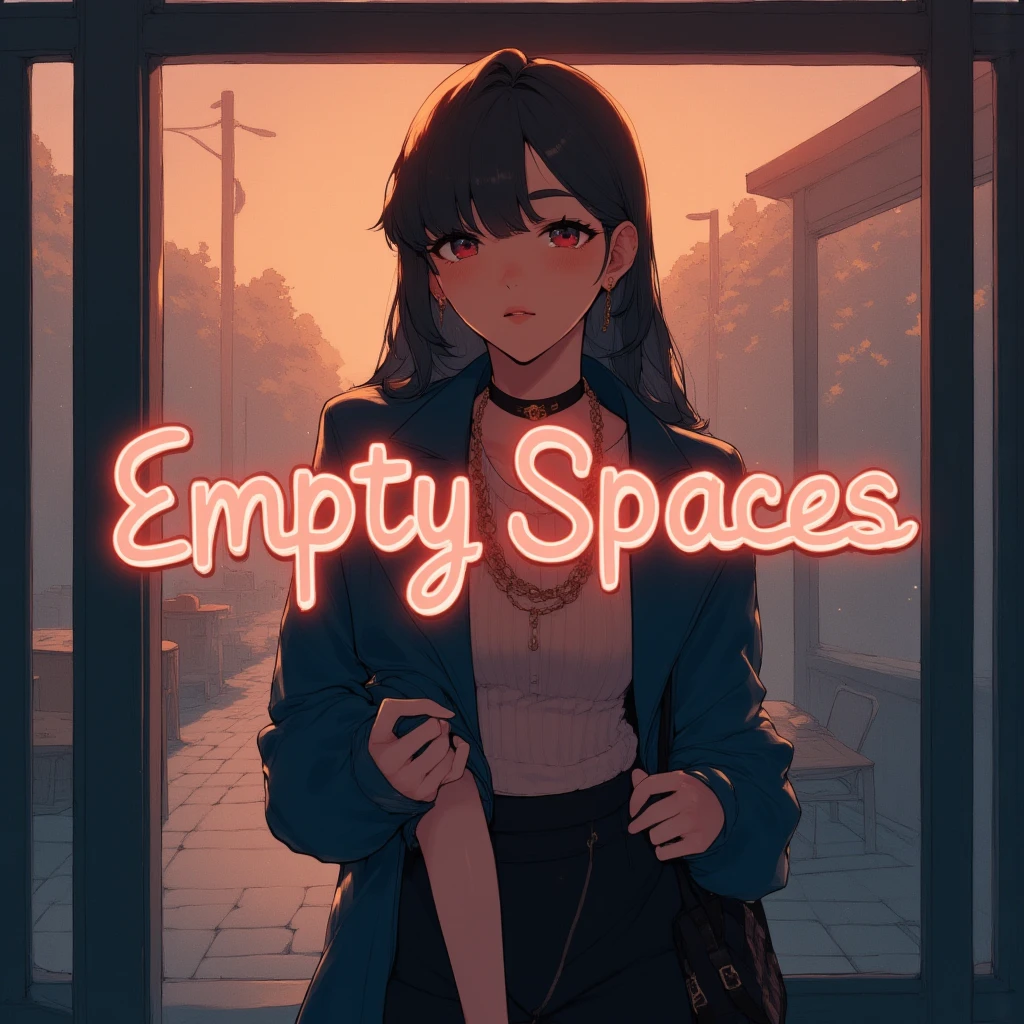 The image features a young Korean woman, a K-drama actress, posing in a melancholic and dreamy setting. She stands in front of an empty cafe, surrounded by hazy, reverb-drenched lighting, symbolizing the title "Empty Spaces." The background showcases a blurred cityscape, reminiscent of a forgotten place. The actress wears a stylish, modern outfit, accessorized with subtle Korean cultural references, and has a contemplative, melancholic expression. The title "Empty Spaces" is prominently displayed in bold, elegant, and minimalist lettering, overlapping the actress's figure or cafe's facade, with a subtle glow effect to make it stand out. The composition evokes a sense of shoegaze, ethereal atmosphere, and the allure of Korean female vocals, capturing the essence of the melancholic and haunting track.