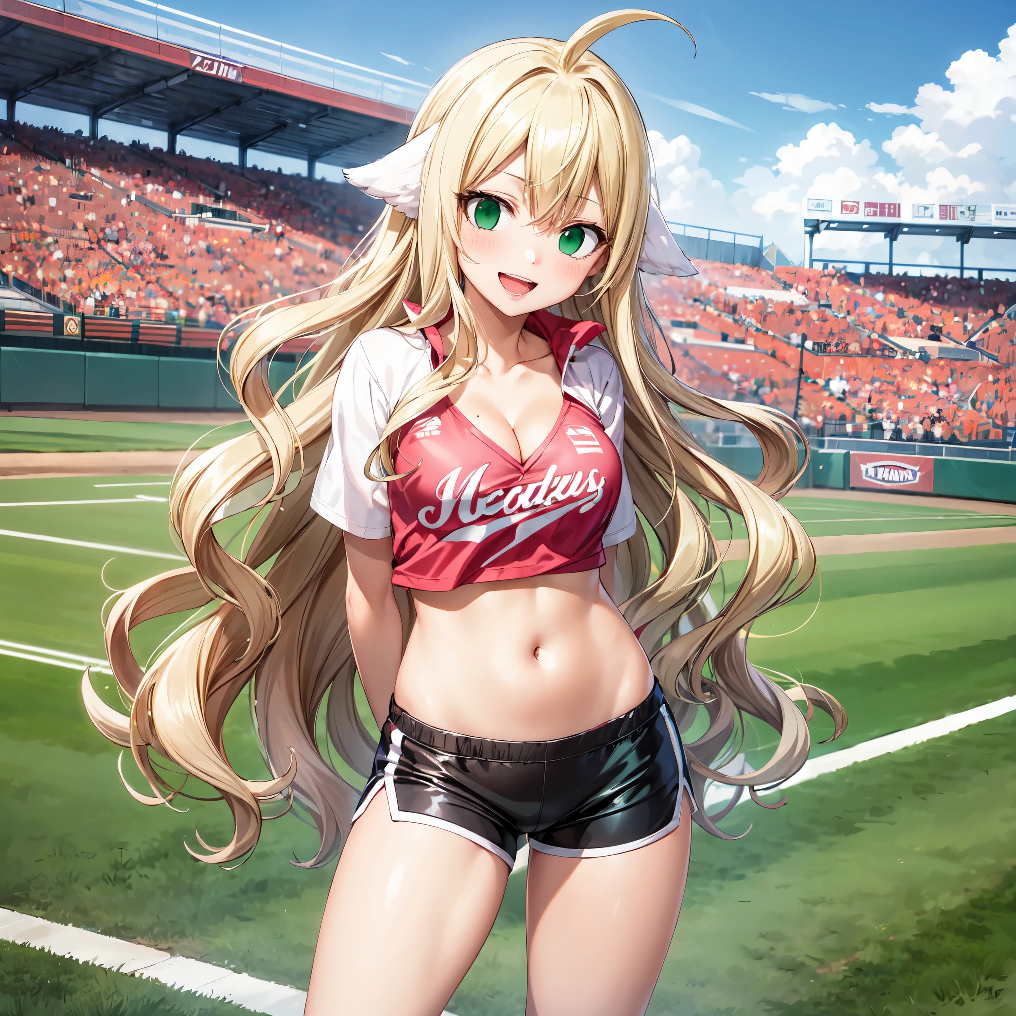  masterpiece  , best quality  ,  high resolution  , (1 girl alone:1.38) , (mavis,  long hair, blonde, ( green eyes:1.5), ahoge,  wavy hair,  animal ears,) , ( cleavage:1.2) , (medium breast:1.28) , ( wear baseball cap  , belly , navel , Sports top , sports shorts , socks ) , ( arms behind the back .  hands behind your back) , ( cleavage:1.15) , ( Big breasts :1.1) , (view of the face , Look at the view  ) , (open air , Baseball field，race，Pennants，victory，celebrate) , (standing , legs , thighs , cowboy shot) , (  full face blush  , shy , to smile ,  Open mouth)