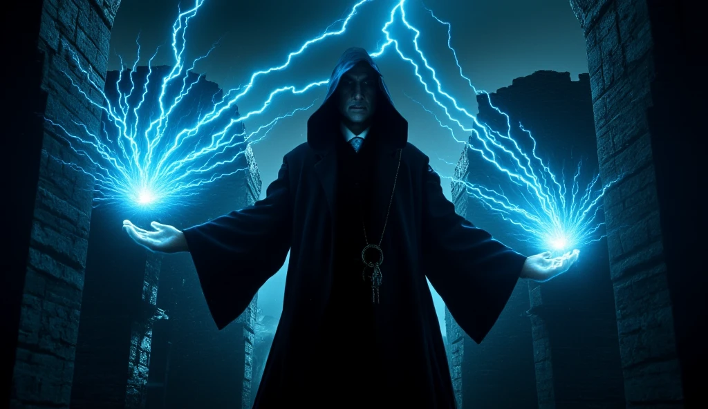 ((masterpiece)) ((photography)) ((Highest quality))  A dark wizard in a black suit with a hood, standing tall as blue electric lightning crackles from his outstretched hands. His face is partially hidden beneath the hood, but his intense eyes glow with malice. The storm of energy swirls around his hands, lighting up the dark surroundings. The background features a towering castle wall, with ancient stones casting shadows in the dim light. The wizard's powerful stance and the bright blue lightning contrast against the dark, eerie atmosphere, creating a scene full of danger and arcane power.